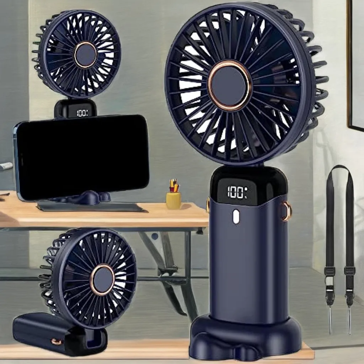 Digital Display Portable Mini Fan – 5-in-1 Multipurpose USB-C Rechargeable Handheld Fan - With Cable (Random Color)
